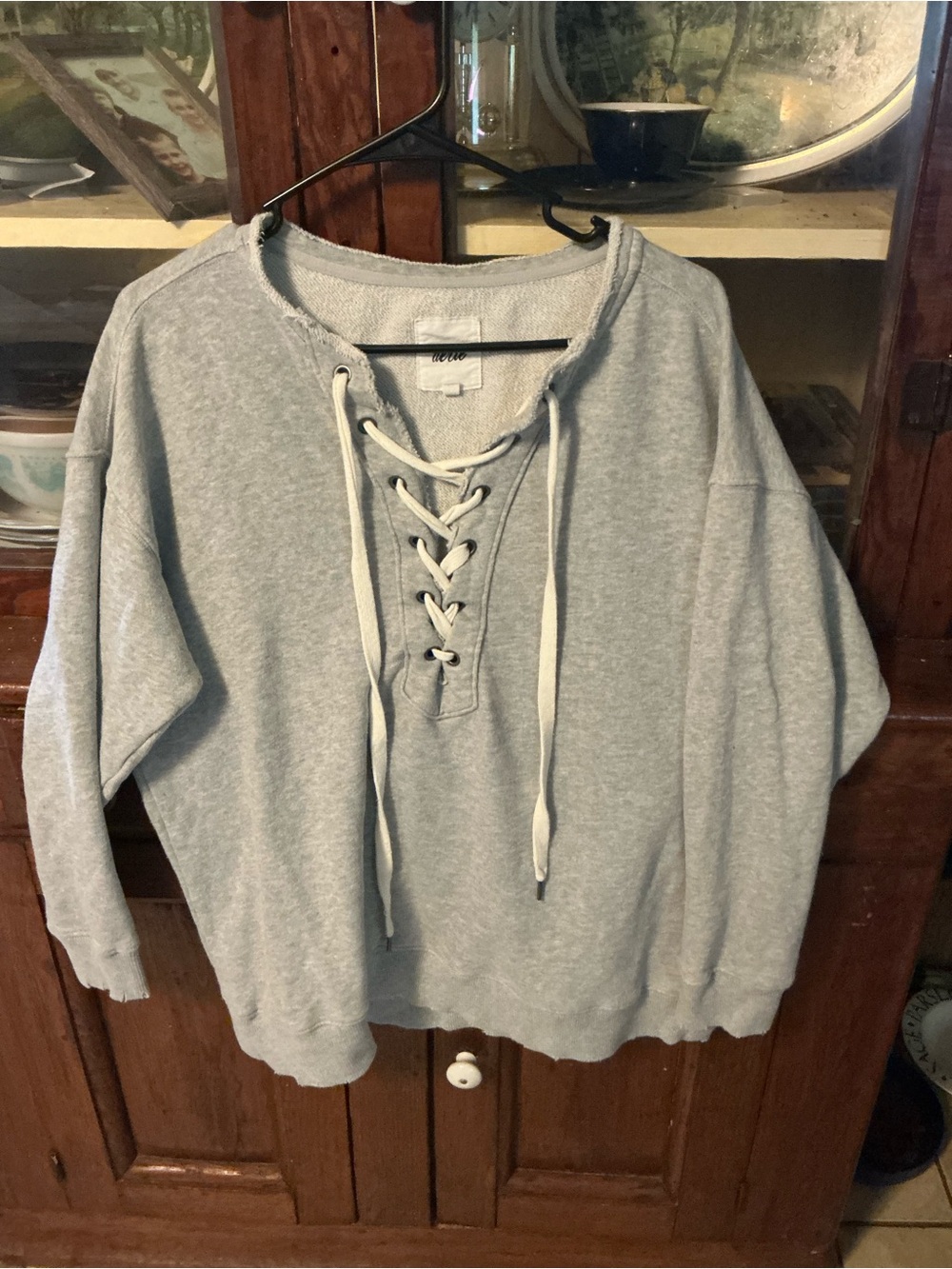 aerie Lace-Up Scoop Neck Heather Gray Sweater